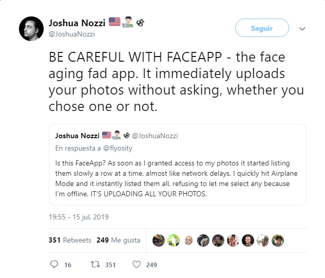 El usuario Joshua Nozzi publicó en Twitter una alerta sobre FaceApp