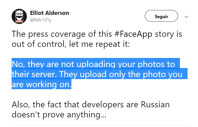 El desarrollado Baptiste Robert publicó en Twitter que FaceApp “no está subiendo tus fotos a sus servidores. Suben solo la foto en la que estás trabajando”
