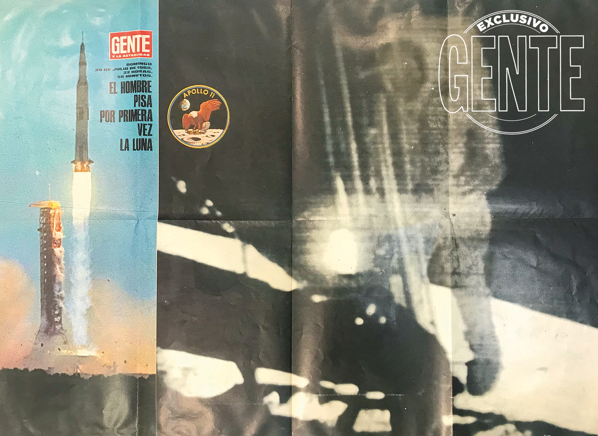 Revista GENTE y la Actualidad acompañará el acontecimiento con un póster (flashazo original incluido) de 54 x 72 centímetros y la leyenda: “Domingo 20 de julio de 1969, 22 horas, 56 minutos. El hombre pisa por primera vez la Luna”.