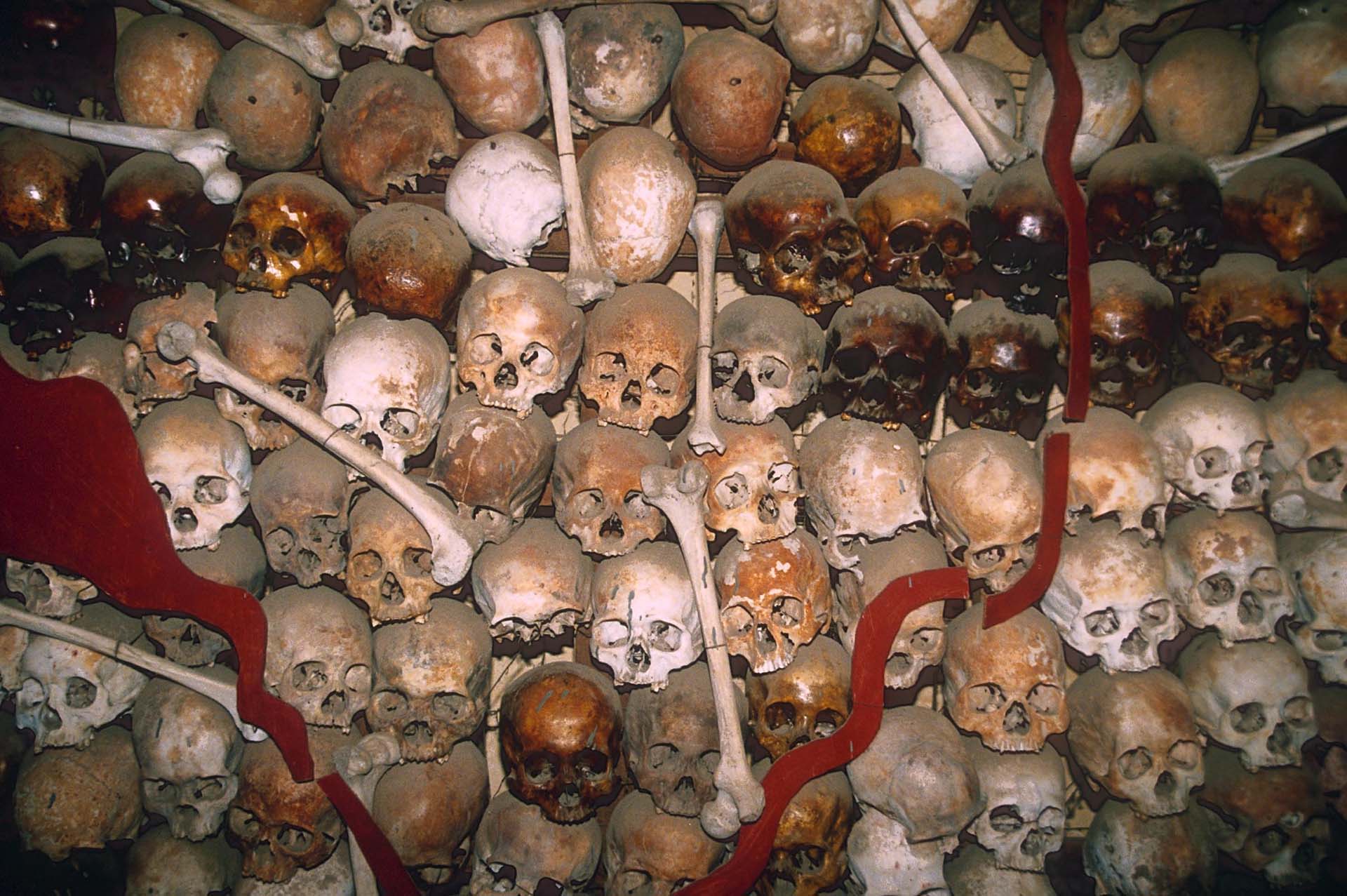 Cráneos de víctimas de las masacres de los jemeres rojos de Pol Pot, expuestos en un museo en Camboya (Shutterstock)