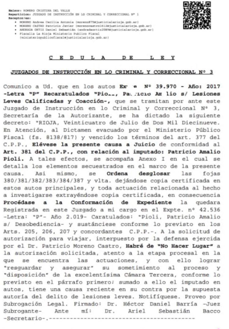 La notificación de la elevación a juicio de la causa