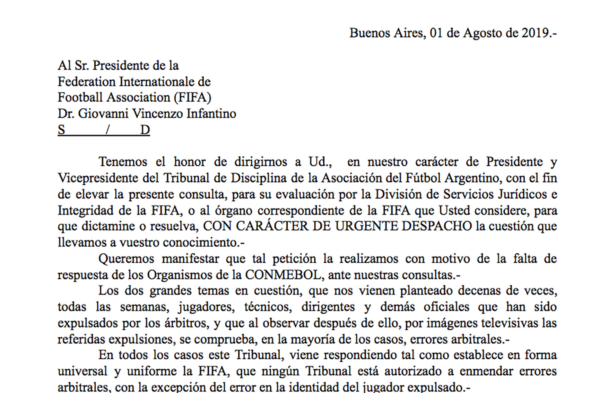 Documento: la misiva enviada a Infantino por parte del Tribunal de Disciplina de la AFA ante la falta de respuestas de los organismos de la Conmebol.