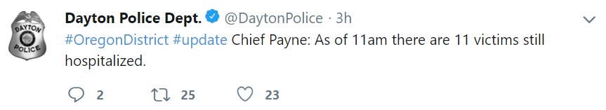 “#DistritodeOregon #actualización Jefe Payne: Hoy a las 11:00 horas hay aún 11 víctimas hospitalizadas” (Foto: Twitter @DaytonPolice)