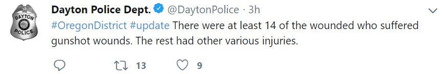“Hubo al menos 14 lesionados que sufrieron heridas de bala. El resto tenían distintas heridas” (Foto: Twitter @DaytonPolice)