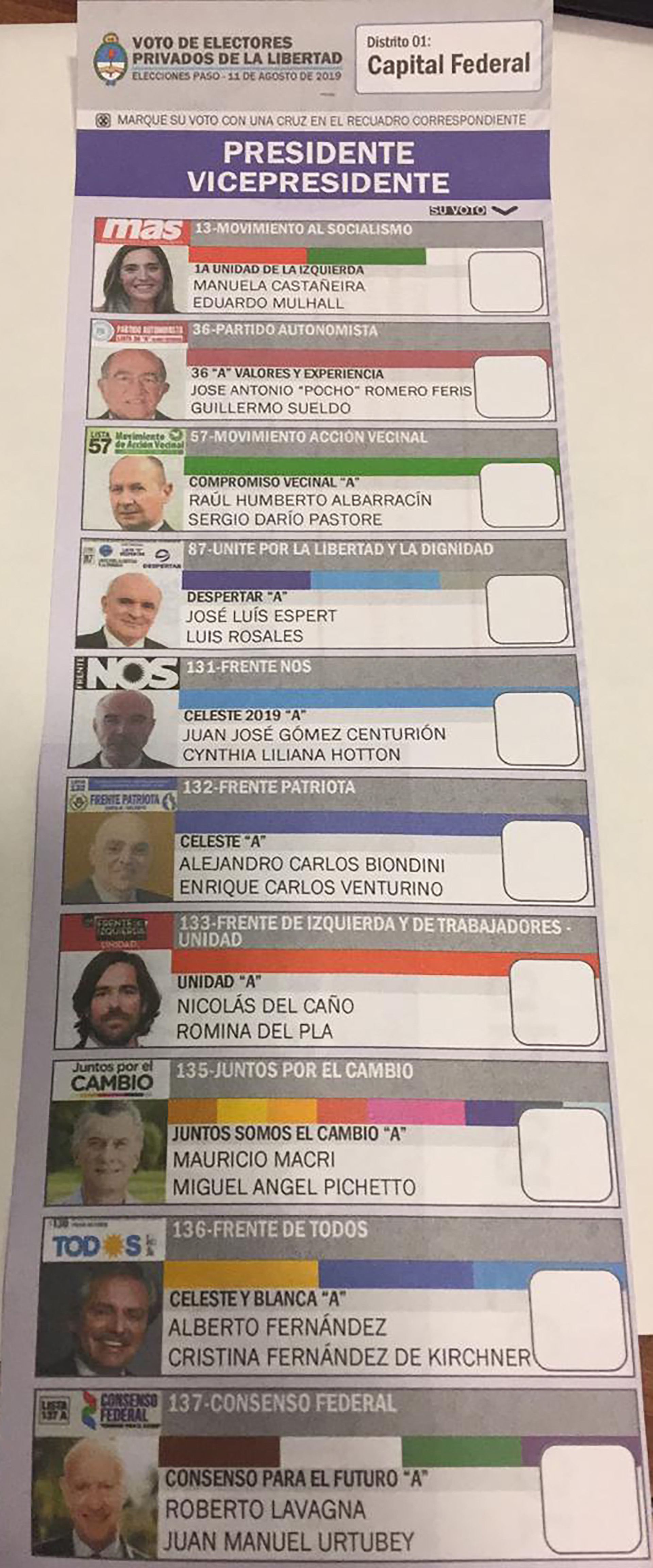 La boleta única de candidatos a presidente de la nación que se usará el domingo en las cárceles