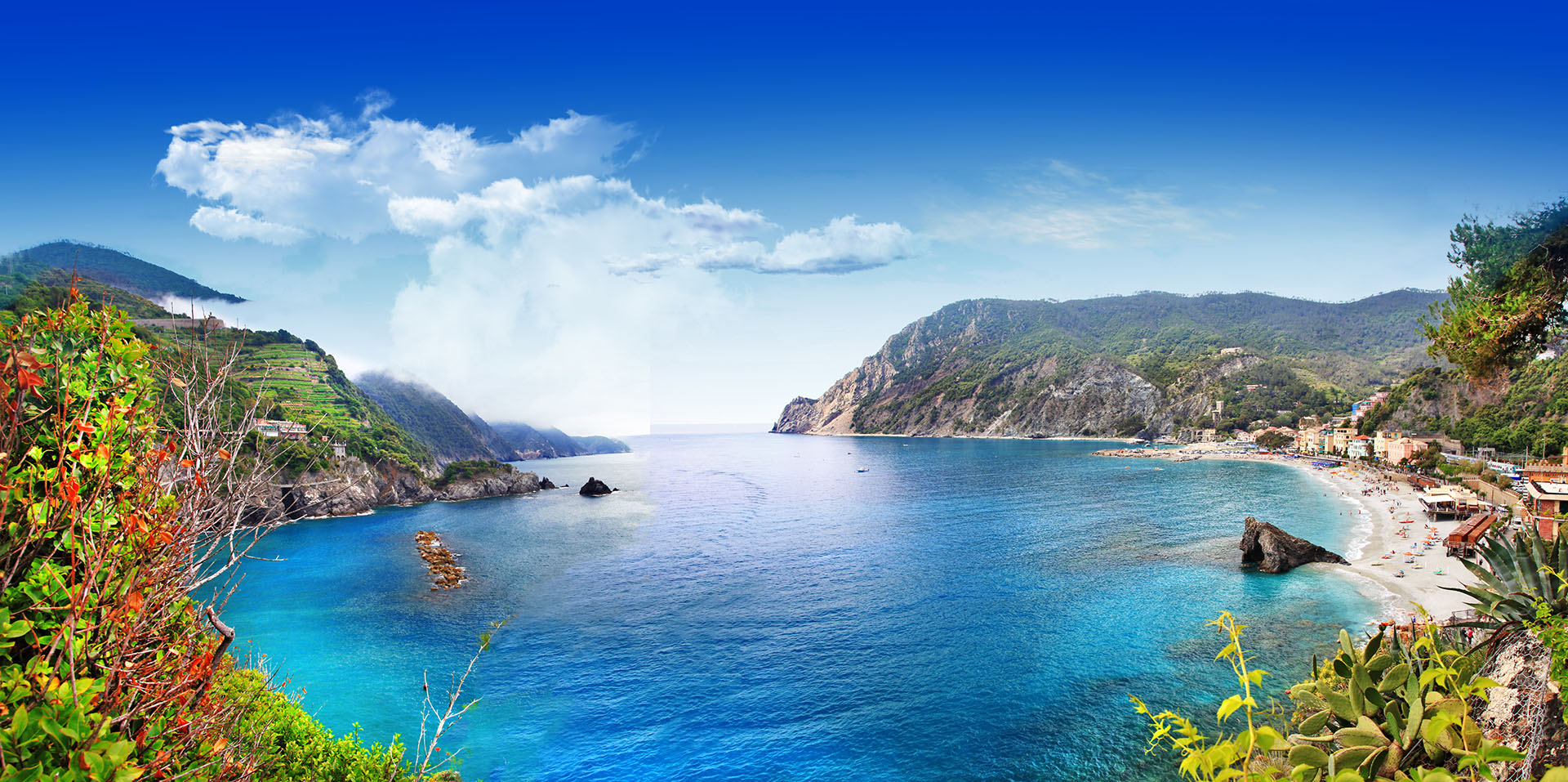 La playa de Monterosso, la más grande de las cinco ciudades costeras que conforman la famosa región de Cinque Terre, posee hermosos arrecifes y aguas cristalinas y es uno de los destinos más poblados de la región