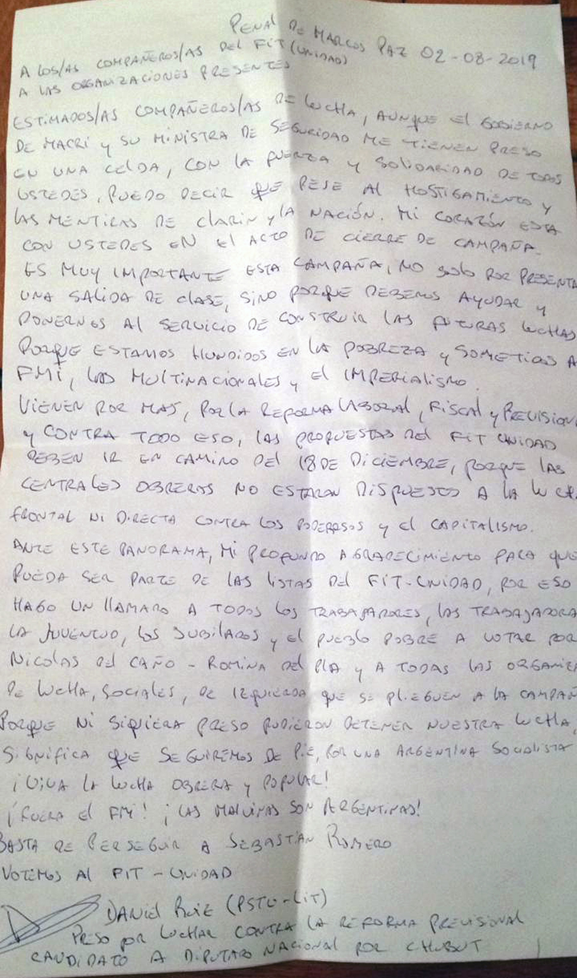 La carta enviada por Daniel Ruiz desde la cárcel.