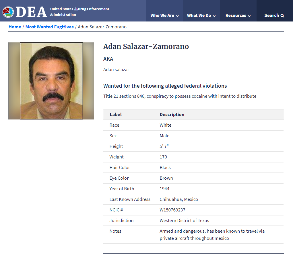 Adán Salazar es buscado por la DEA por distribuir coca en los Estados Unidos (Foto: DEA)