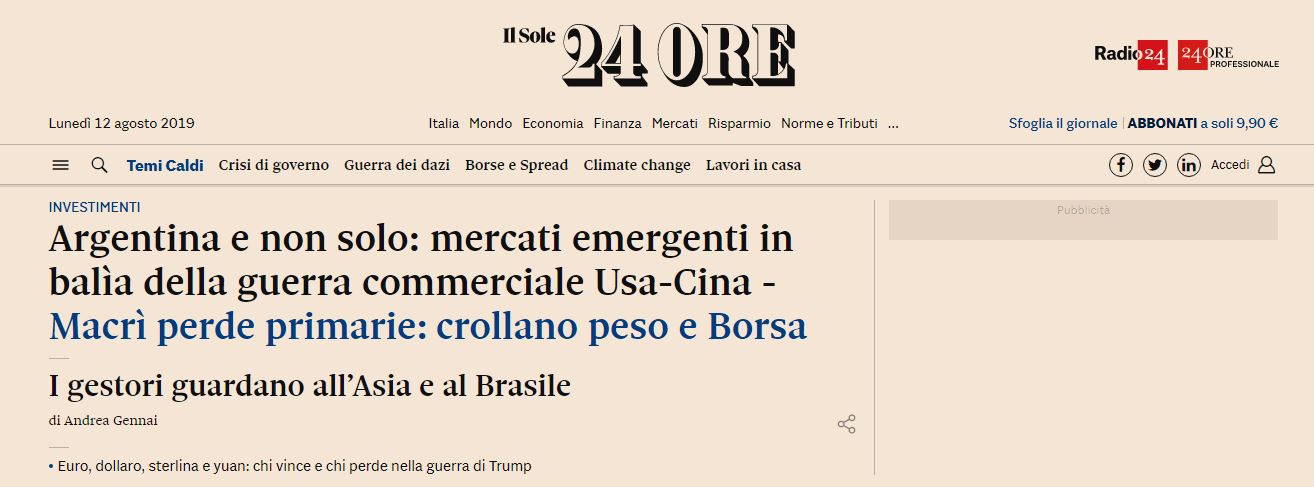 Il Sole 24 Ore también destaca la caída del peso, pero recuerda la inestabilidad general entre los emergentes
