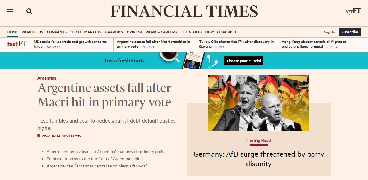 Para el Financial Times los activos caen tras el “golpe a Macri en las primarias”