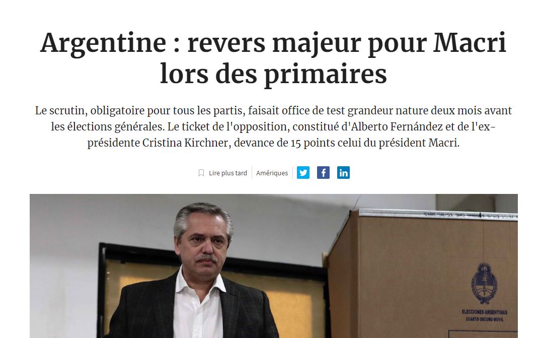 Un “serio revés” para Macri en las primarias, dice Les Echos