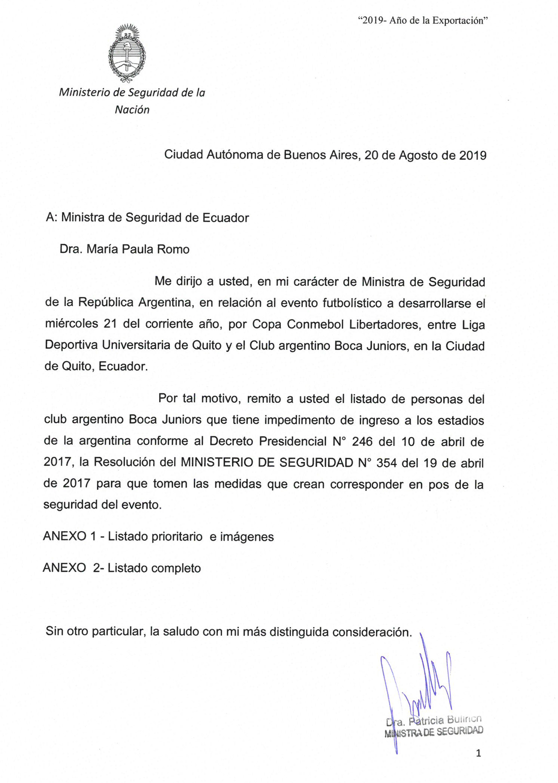 La carta que le envió el Ministerio de Seguridad a su par de Ecuador