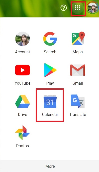Ingresar en el ícono del Calendario que aparece al presionar el símbolo punteado que está en el margen superior derecho, junto a la foto de perfil, en el Gmail.