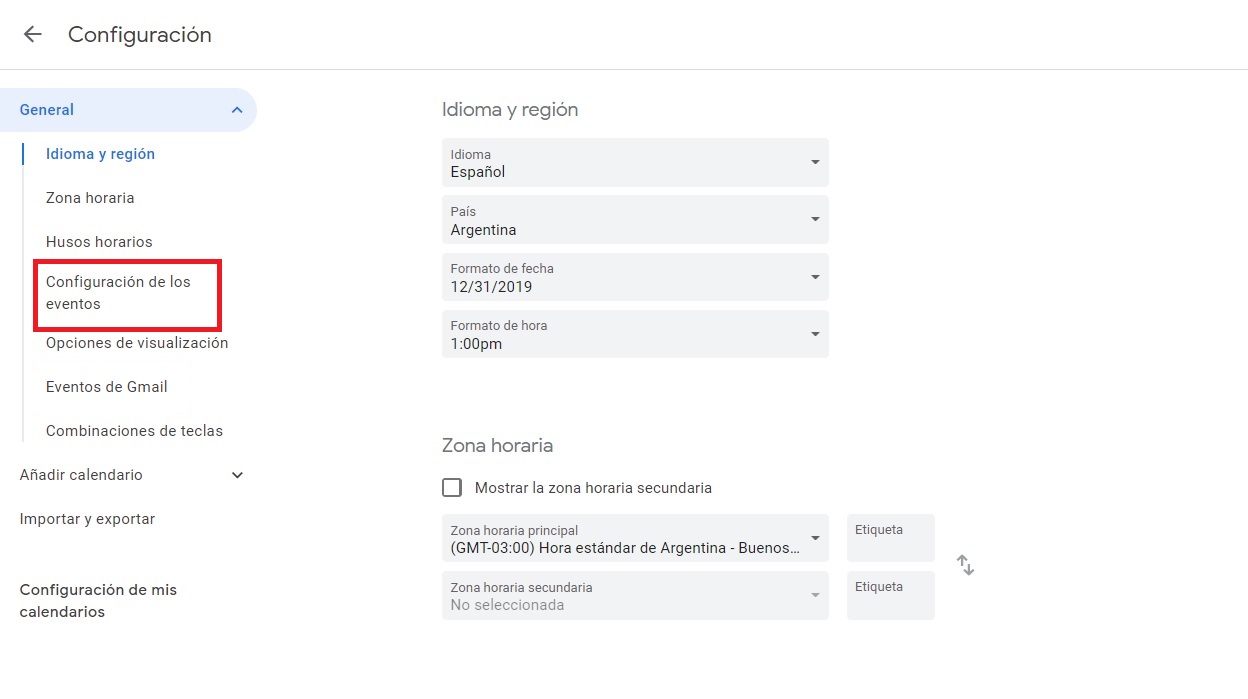 Ingresar en el menú de configuración y elegir “Configuración de los eventos”