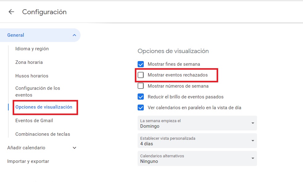 Dentro de Opciones de visualización destildar la opción que dice “Mostrar eventos rechazados”.