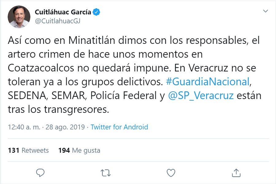 El gobernador de Veracruz, Cuitláhuac García, declaró que no se tolerarán a los grupos delictivos (Foto: Twitter)