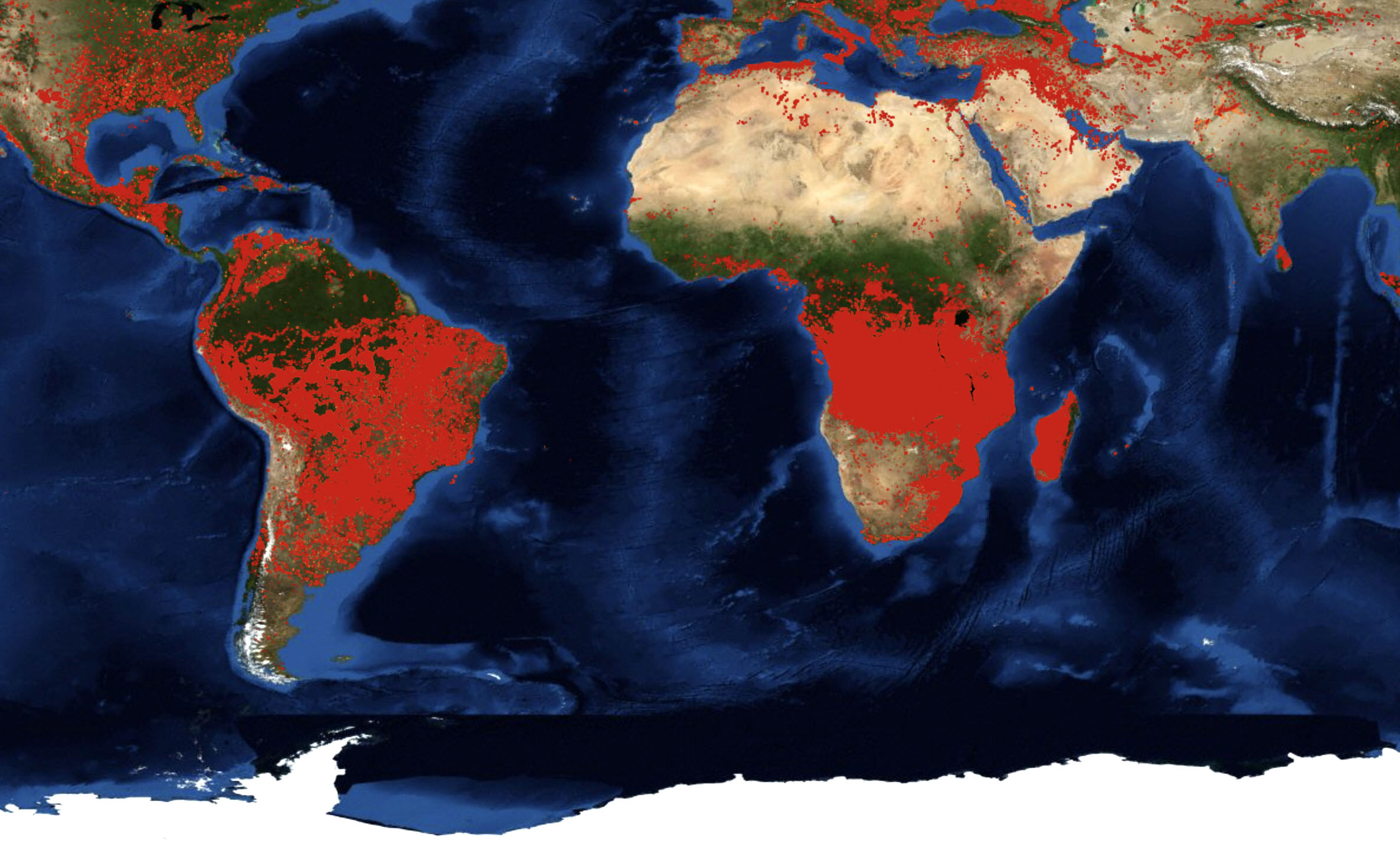 Incendios activos en el mundo según datos del satélite MODIS de la NASA (FIRMS/ NASA)