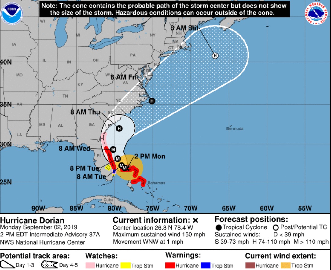 El Centro Nacional de Huracanes emitió en su último reporte un “aviso de huracán” para toda la costa este de Florida y extendió la vigilancia de huracán a la zona sur de Georgia. Dorian avanzará por la península de Florida desde las 08:00 horas de la mañana del martes hasta el miércoles, día en el que se prevé, llegará a Georgia (Foto: Sitio Web National Hurricane Center)