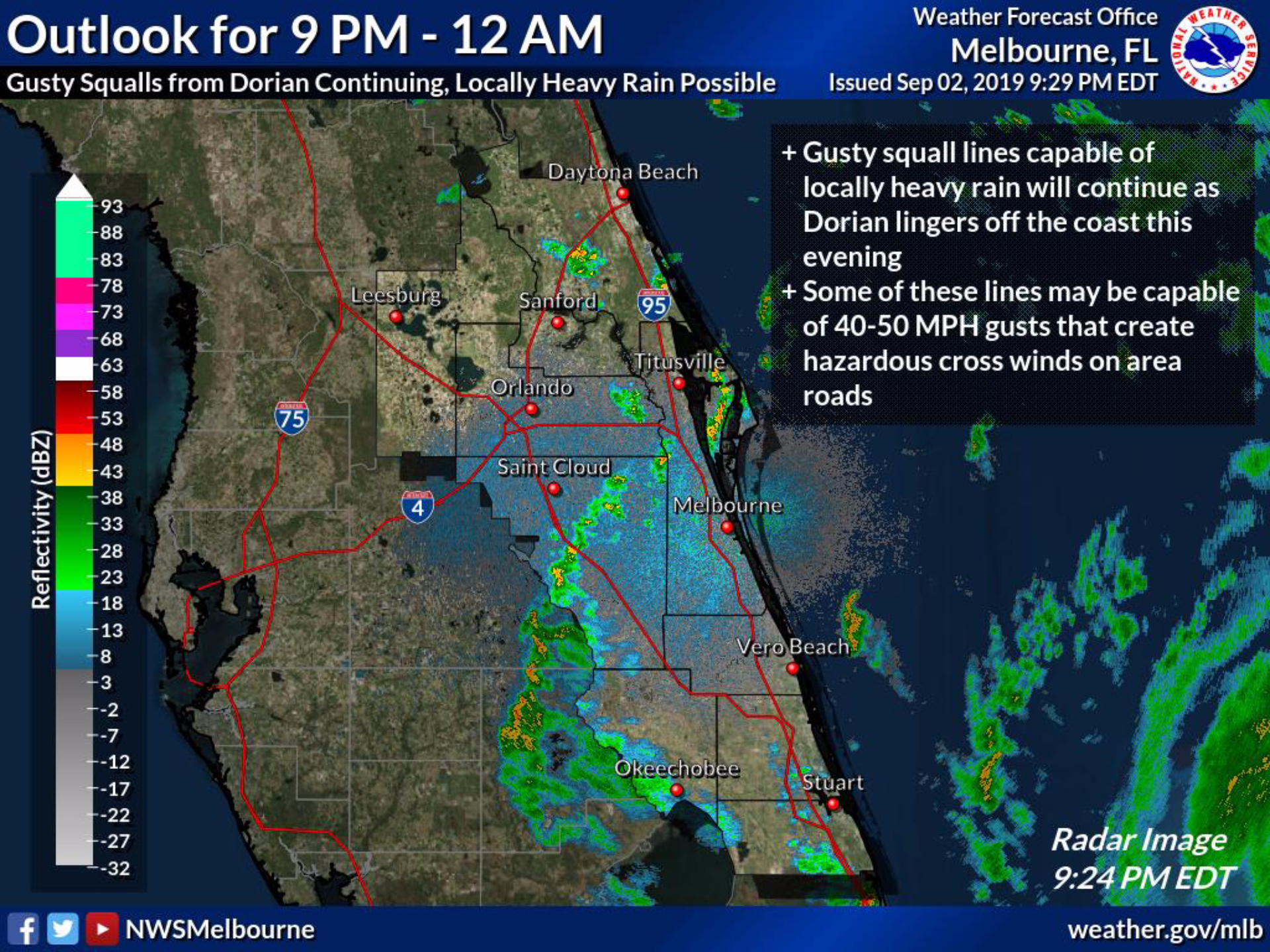 El panorama de lo que se espera esta noche de lunes en Florida, tras el “estacionamiento” de Dorian en el norte de las Bahamas (Foto: NHC)