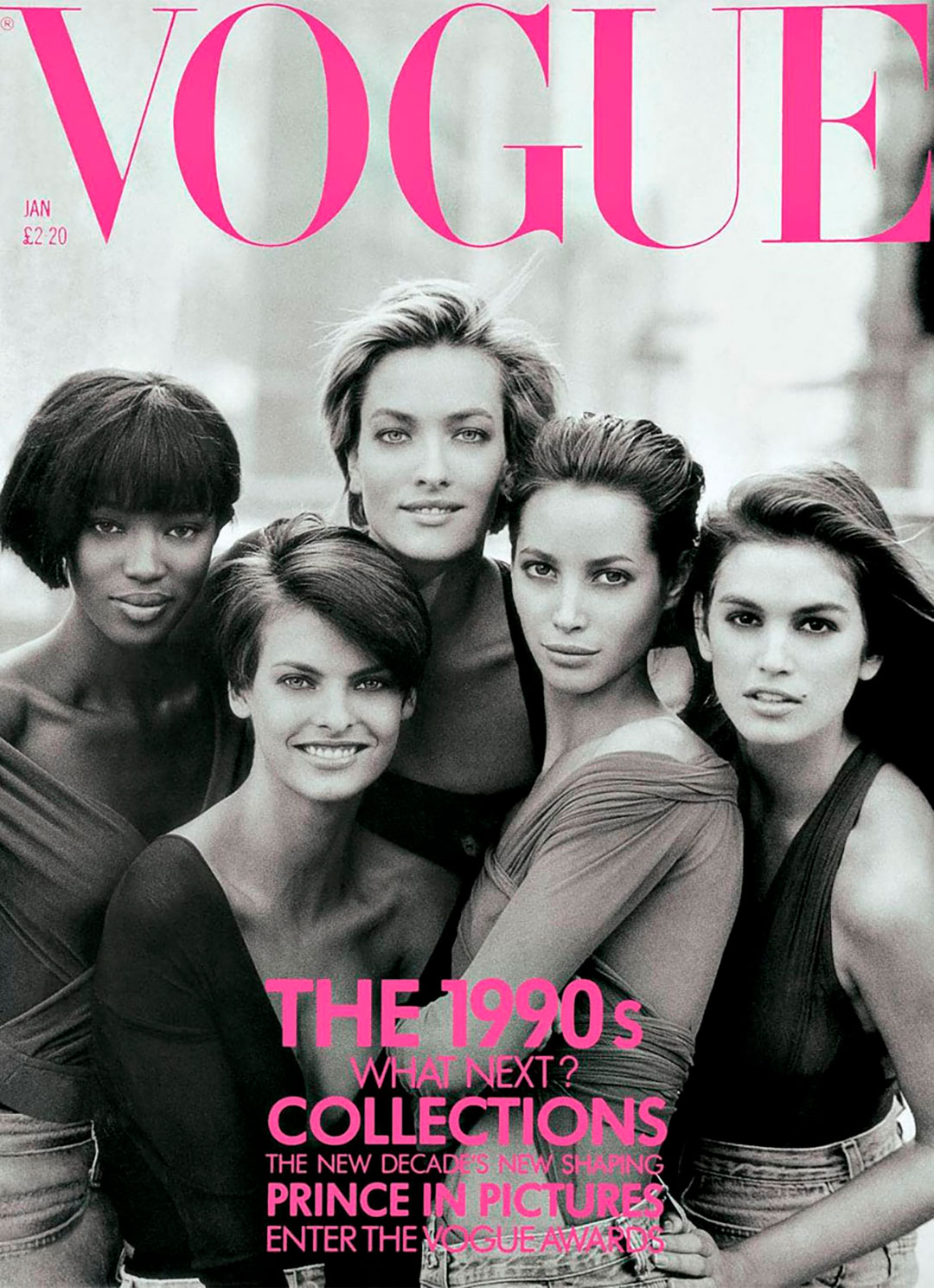 Cindy Crawford, Naomi Campbell, Tatjana Patitz, Christy Turlington y Linda Evangelista fueron las supermodelos de los 90 fotografiadas en enero de 1990 para la portada de Vogue UK bajo la lente de Peter Lindbergh