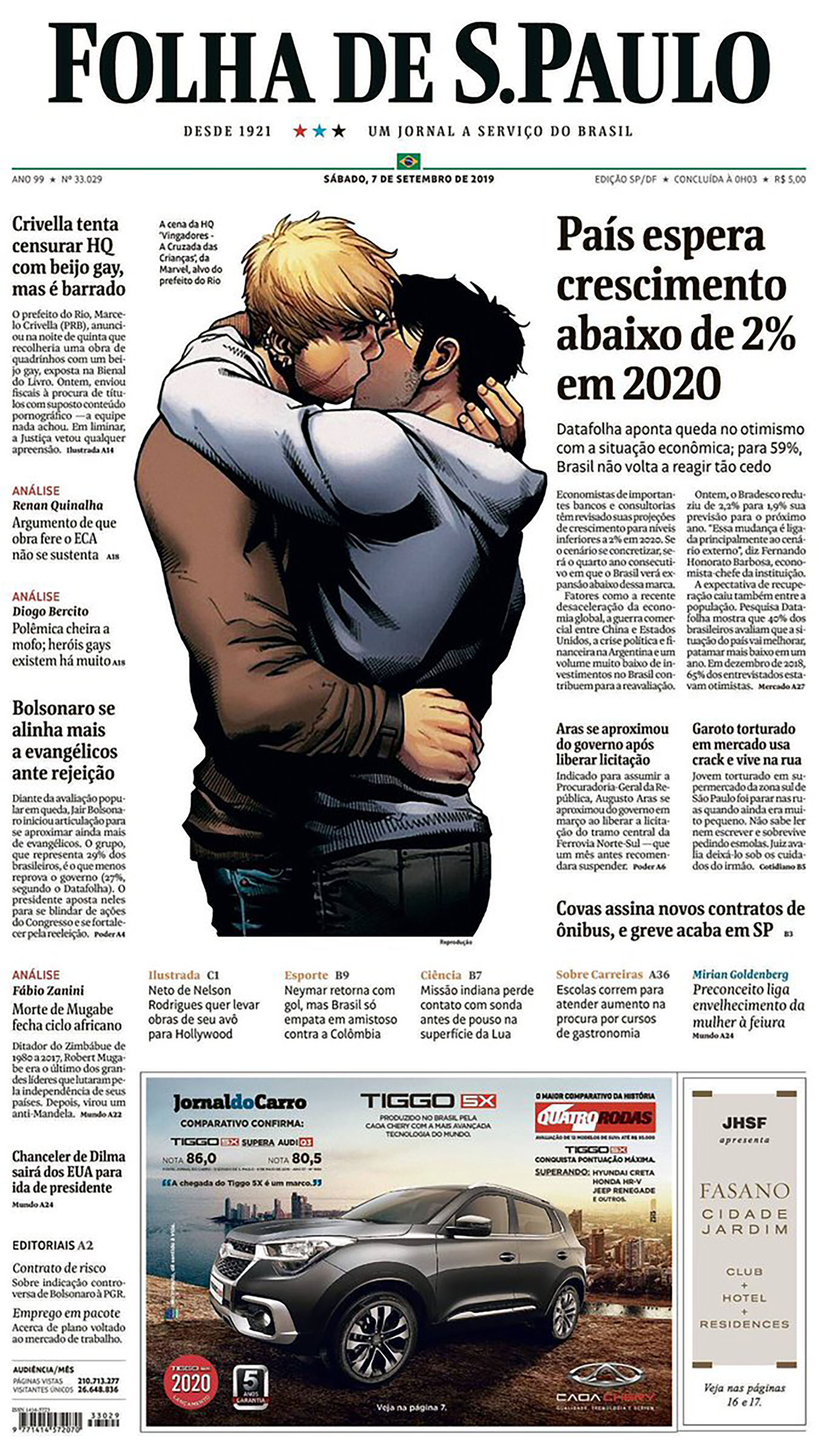 La portada completa del diario Folha de Sao Paulo de este sábado 7 de septiembre de 2019