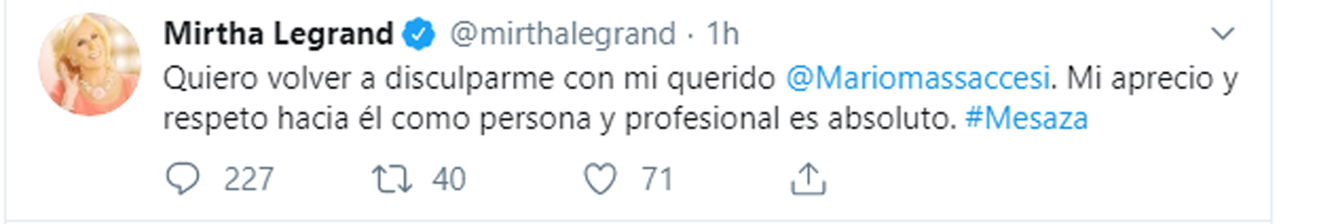 Las disculpas de Mirtha Legrand a Mario Massaccesi en Twitter