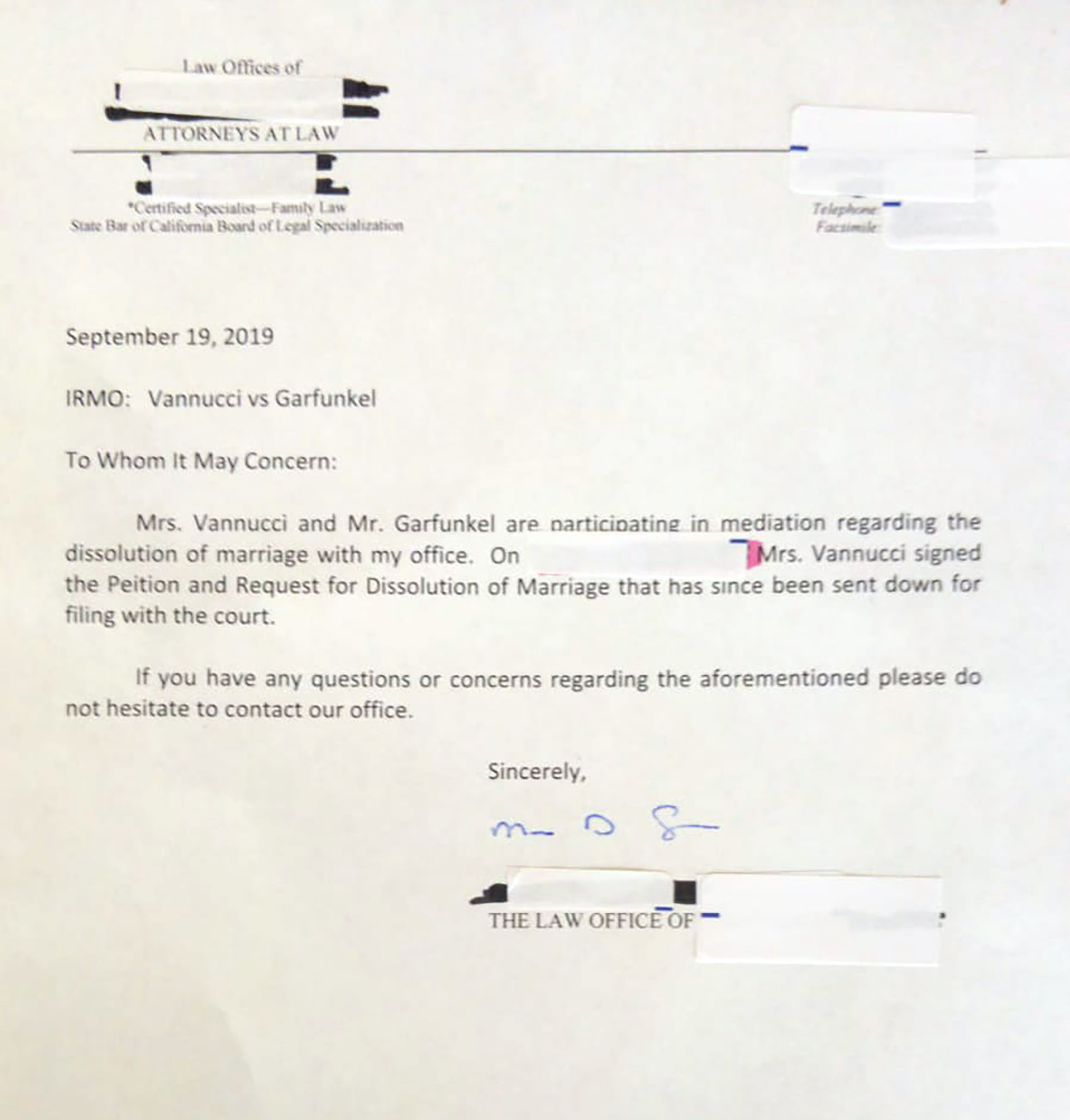 La carta del abogado de Victoria Vannucci que tramitó el divorcio legal de Matías Garfunkel en la Corte de California