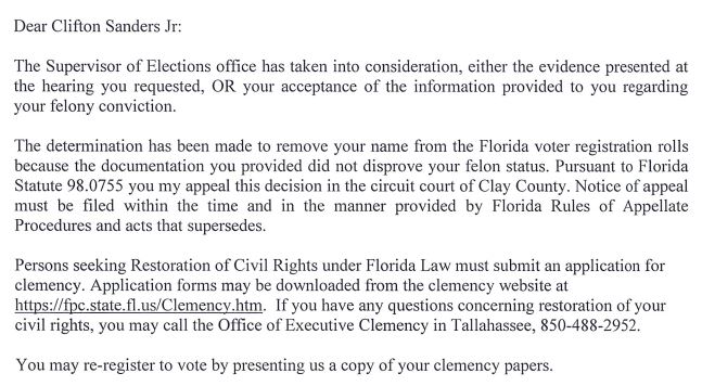 The letter Clifton Sanders Jr. received in August that took away his right to vote nearly 30 years later.