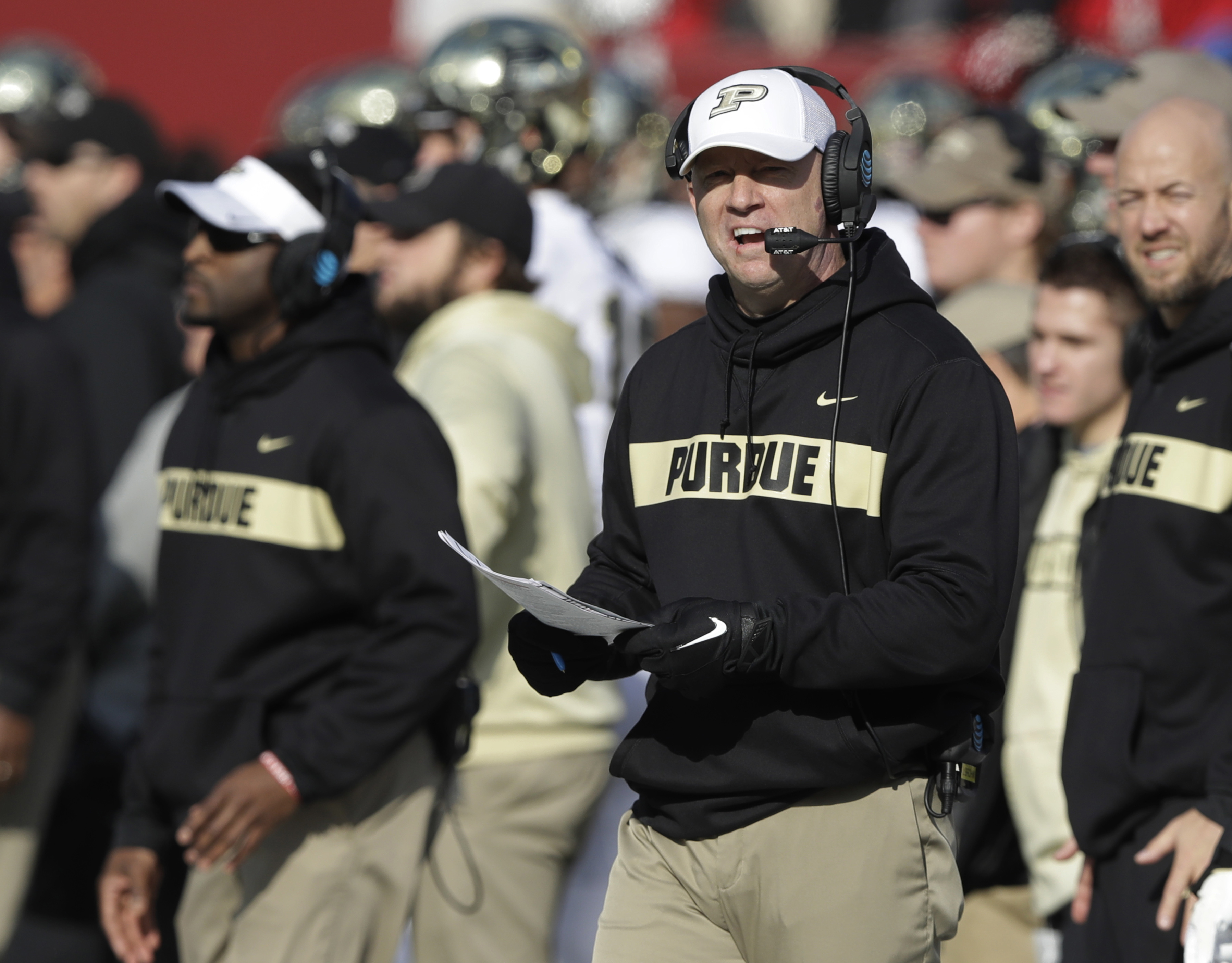 In this Nov. 24, 2018, file photo, Purdue coach Jeff Brohm watches his team play Indiana. (AP Photo/Darron Cummings, File) In this Nov. 24, 2018, file photo, Purdue coach Jeff Brohm watches his team play Indiana. (AP Photo/Darron Cummings, File)