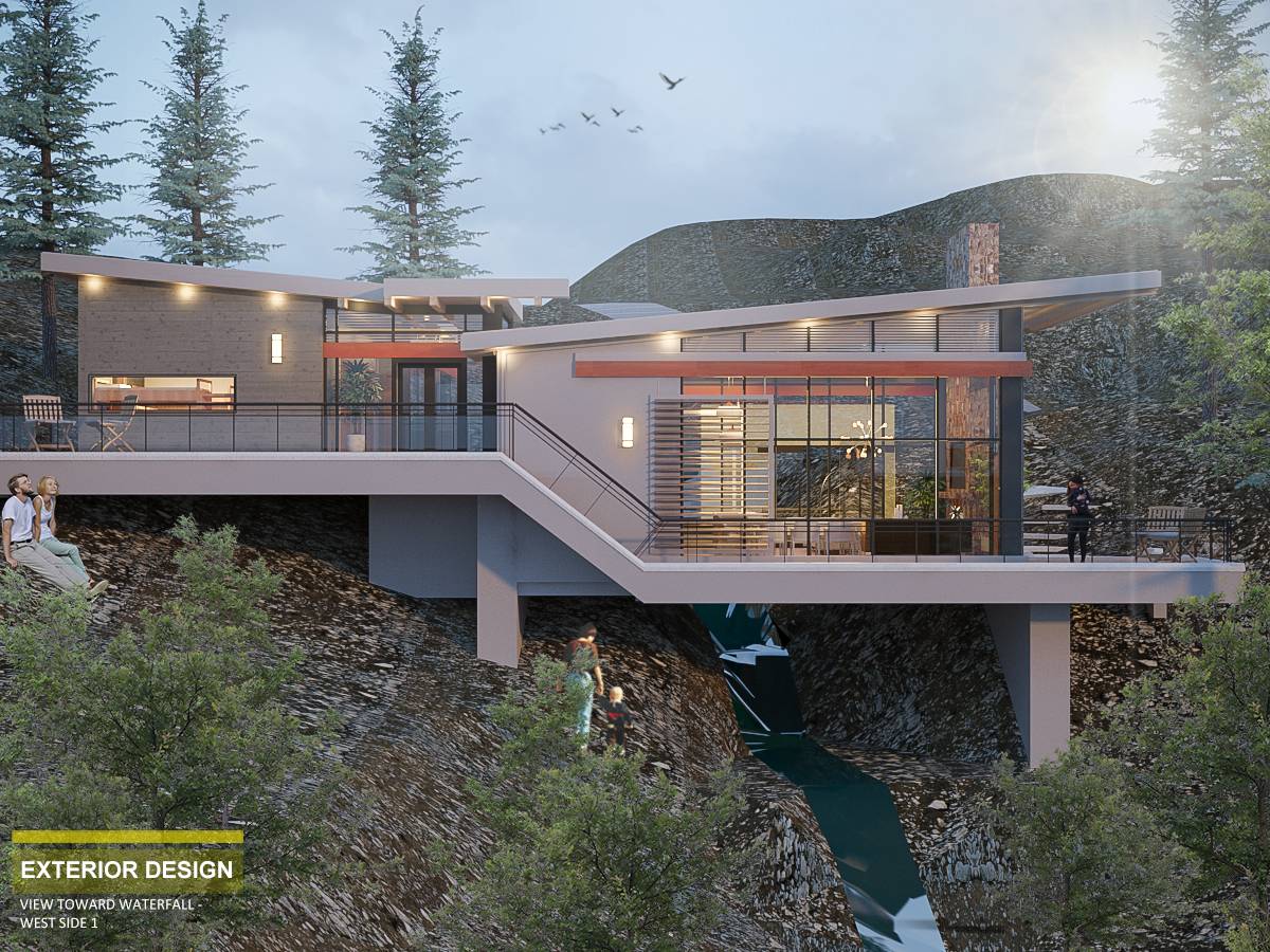 Design project for Cabin in front of waterfall and over ravine in ...