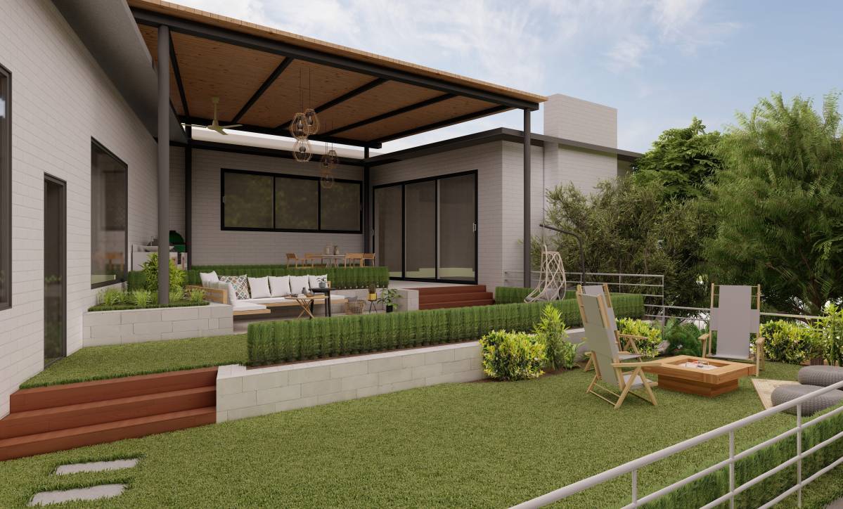 Design project for Outdoor space for 'Ushaped' home on sloped lot in