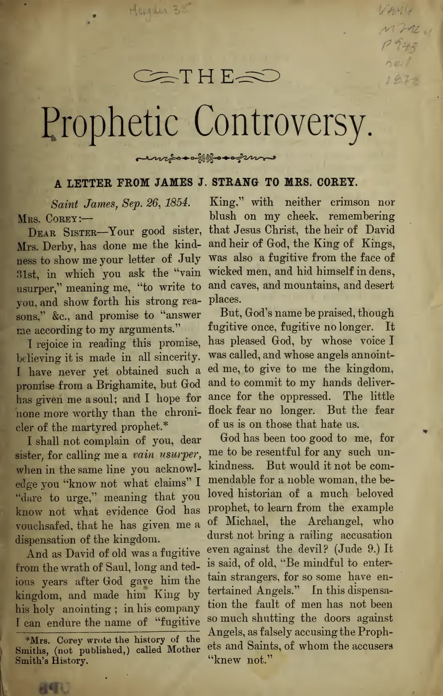The Prophetic Controversy: A Letter from James J. Strang to Mrs. Corey, 1854; later reprints — p. 1