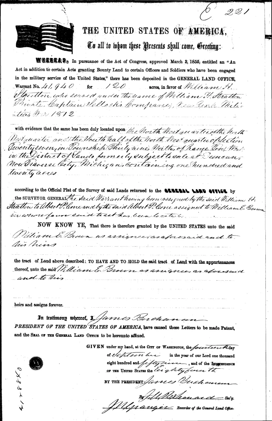 GLO land record 0122-221-39n-10w-27-s-nw — p. 1