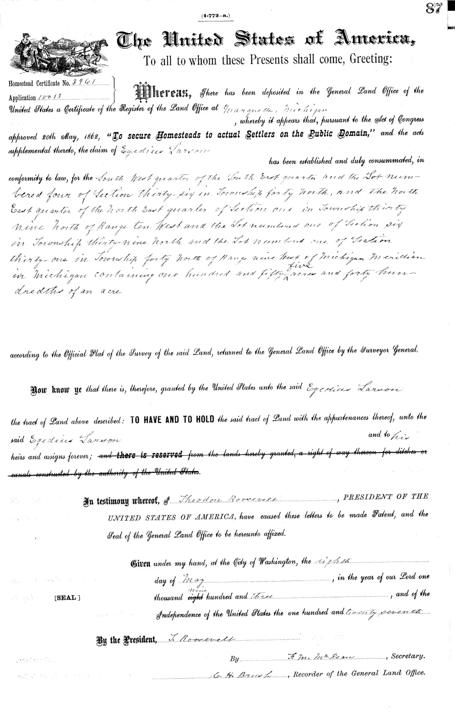 GLO land record MI3120__.087-40n-10w-36-4 — p. 1