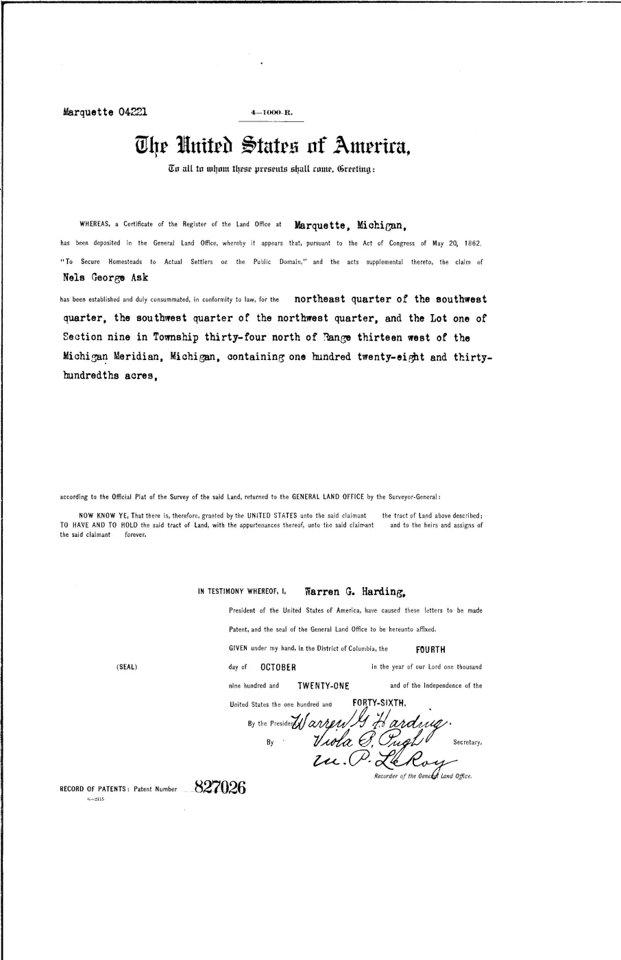 GLO land record 827026-34n-13w-9-1 — p. 1