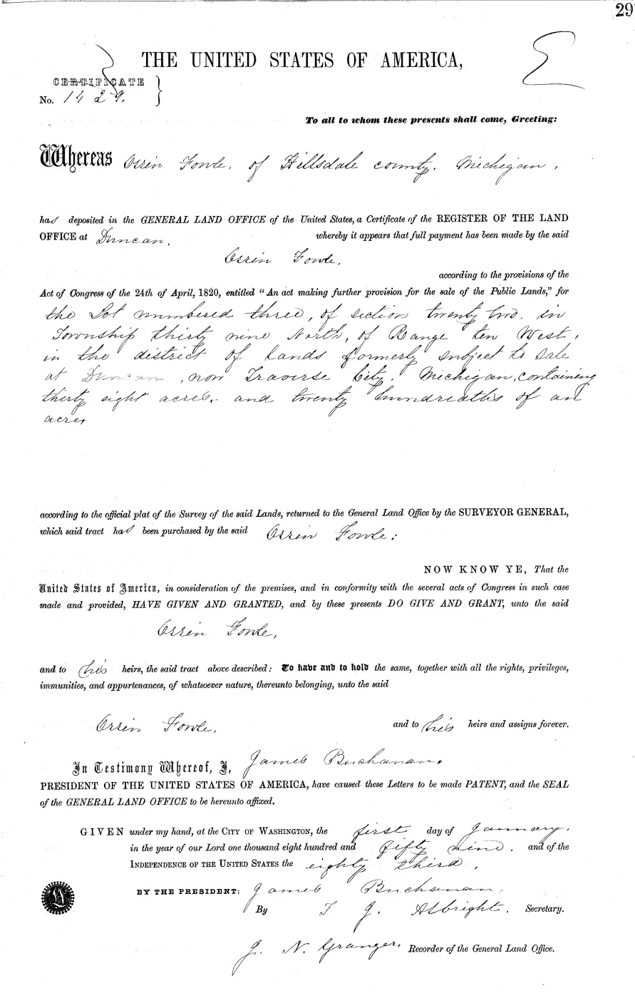GLO land record MI2380__.291-39n-10w-22-3 — p. 1