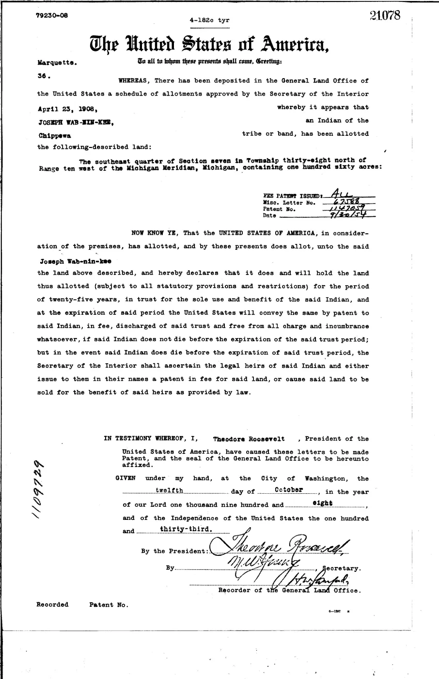 GLO land record 21078-38n-10w-7-se — p. 1