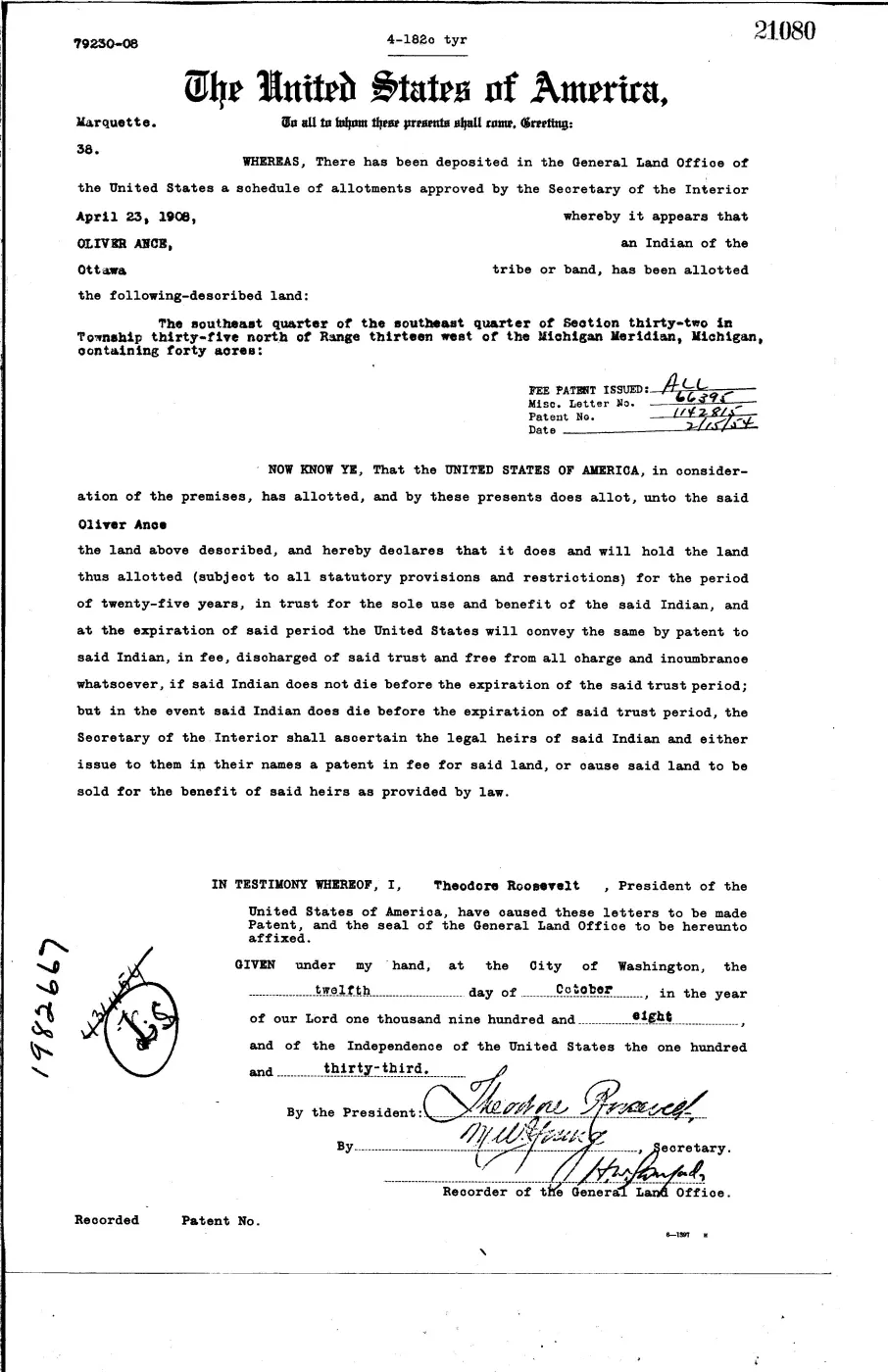 GLO land record 21080-35n-13w-32-sese — p. 1