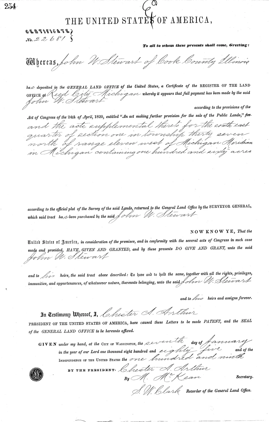 GLO land record MI2950__.254-37n-11w-1-se — p. 1