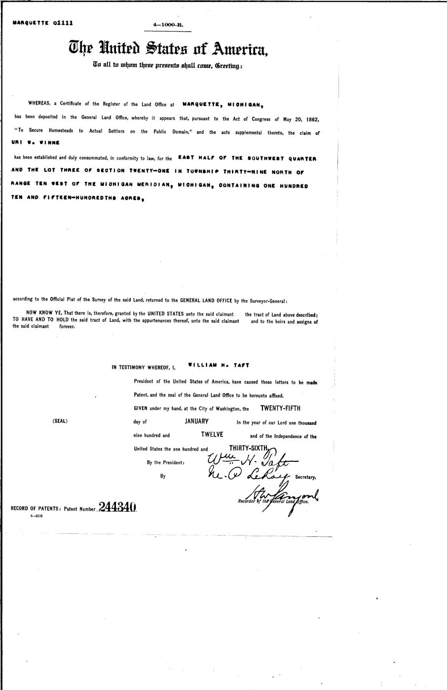 GLO land record 244340-39n-10w-21-e-sw — p. 1