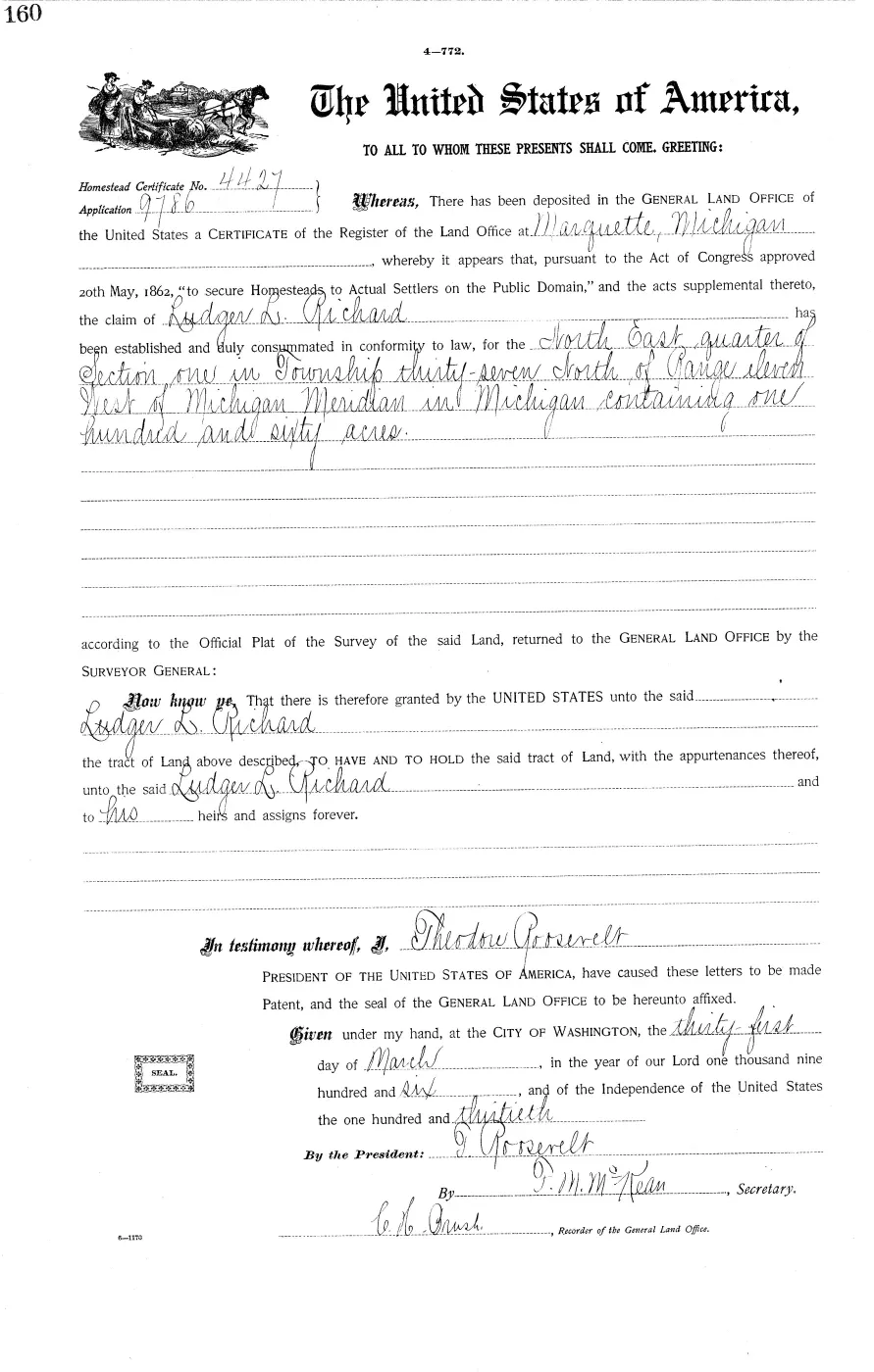 GLO land record MI3320__.160-37n-11w-1-ne — p. 1