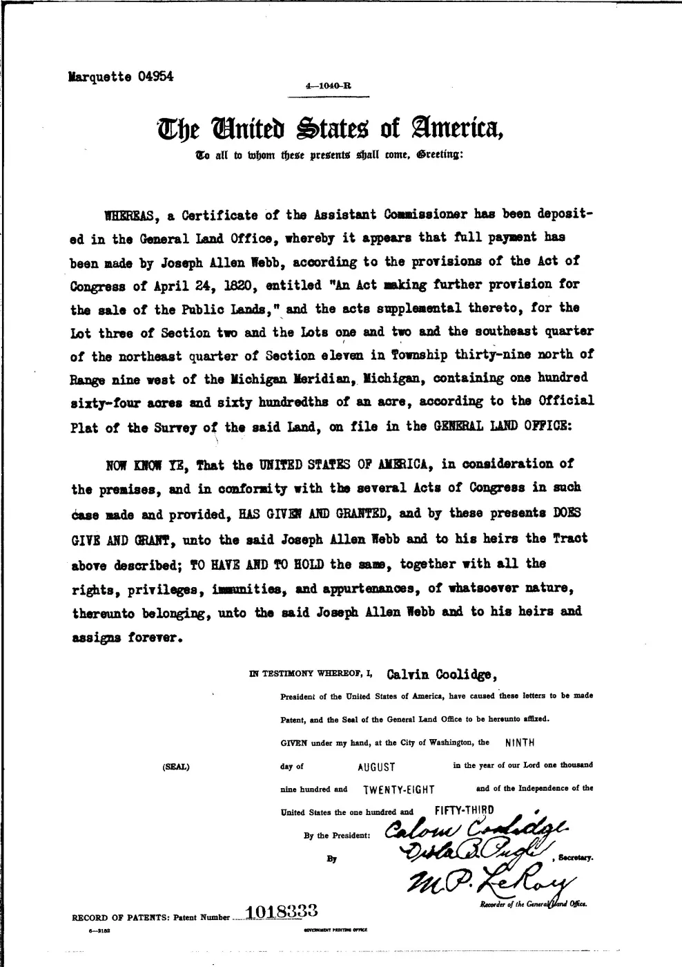 GLO land record 1018333-39n-9w-2-3 — p. 1