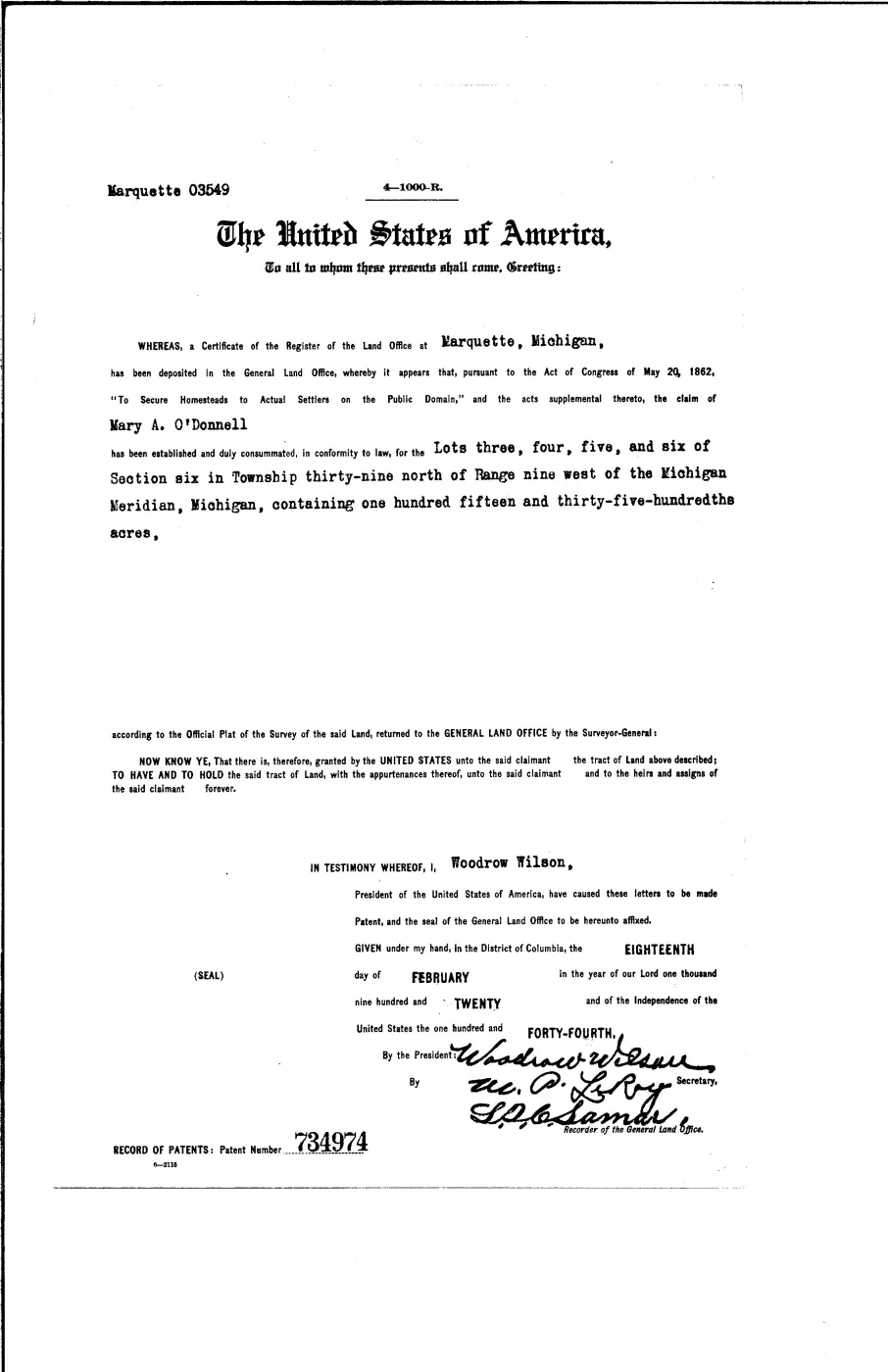 GLO land record 734974-39n-9w-6-3 — p. 1