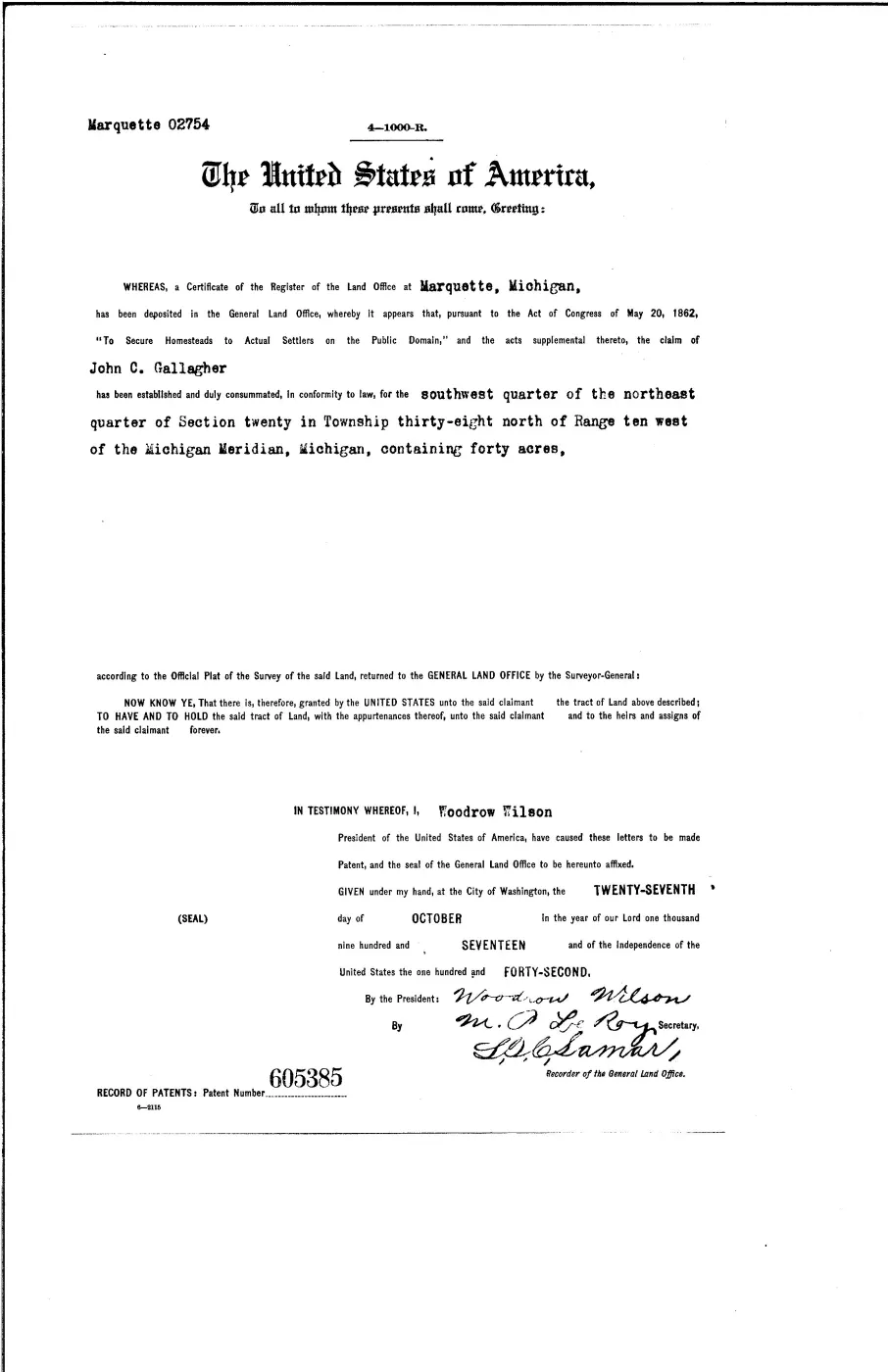GLO land record 605385-38n-10w-20-swne — p. 1