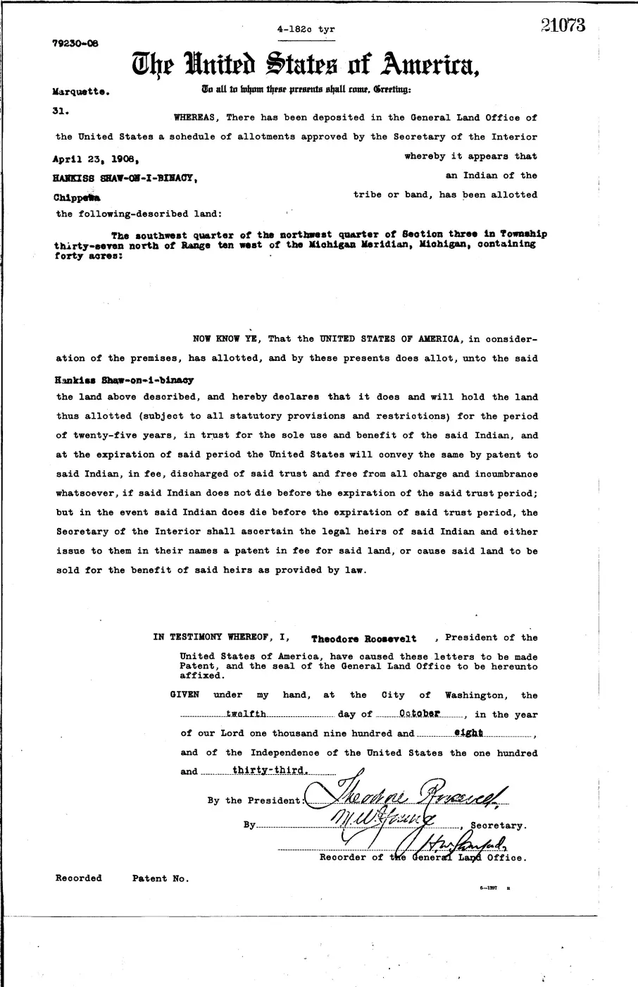 GLO land record 21073-37n-10w-3-swnw — p. 1