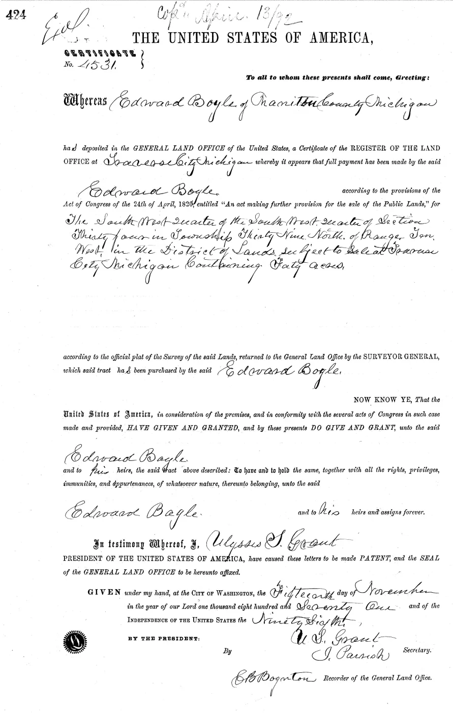 GLO land record MI2430__.424-39n-10w-34-swsw — p. 1