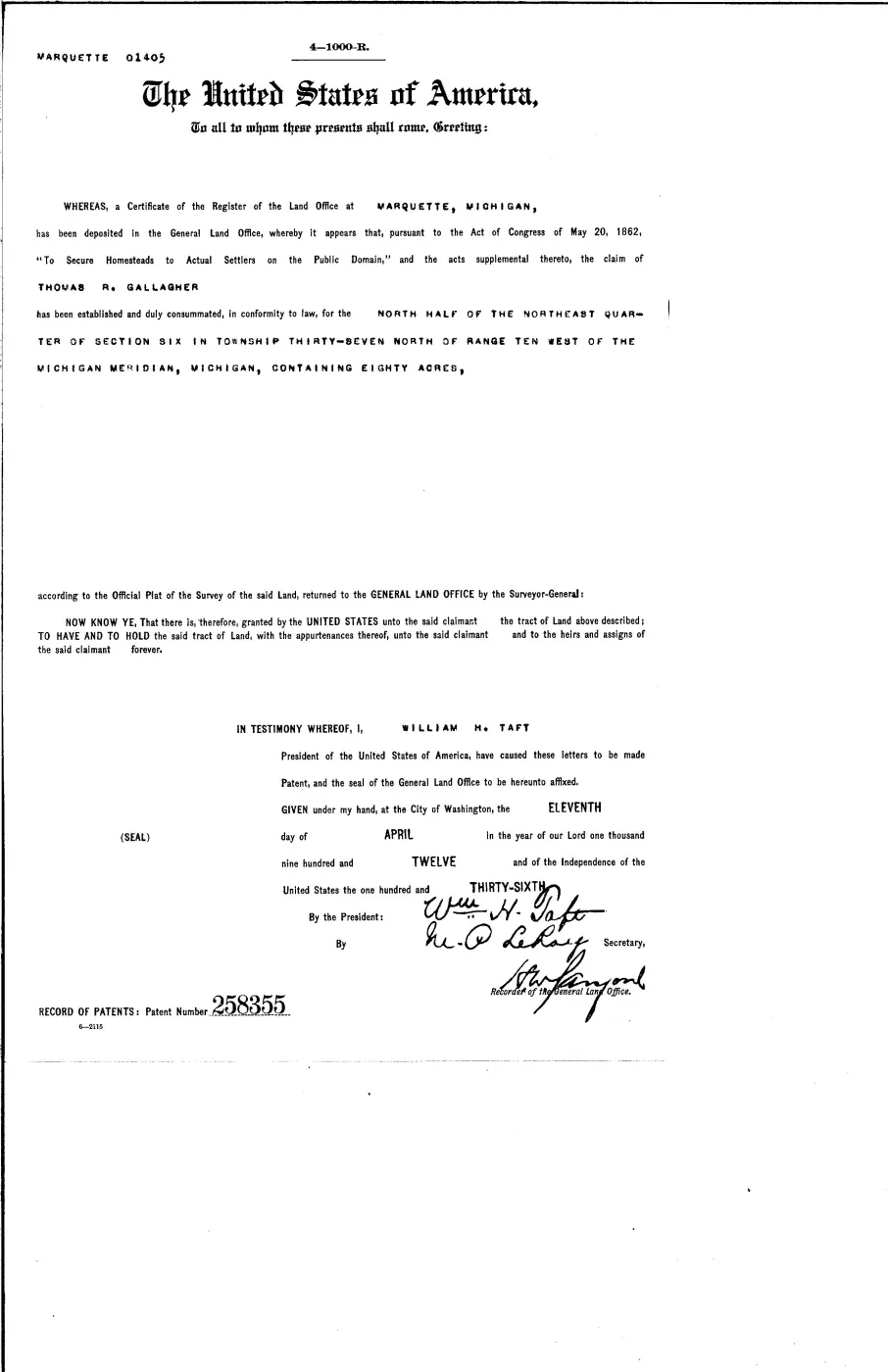 GLO land record 258355-37n-10w-6-n-ne — p. 1