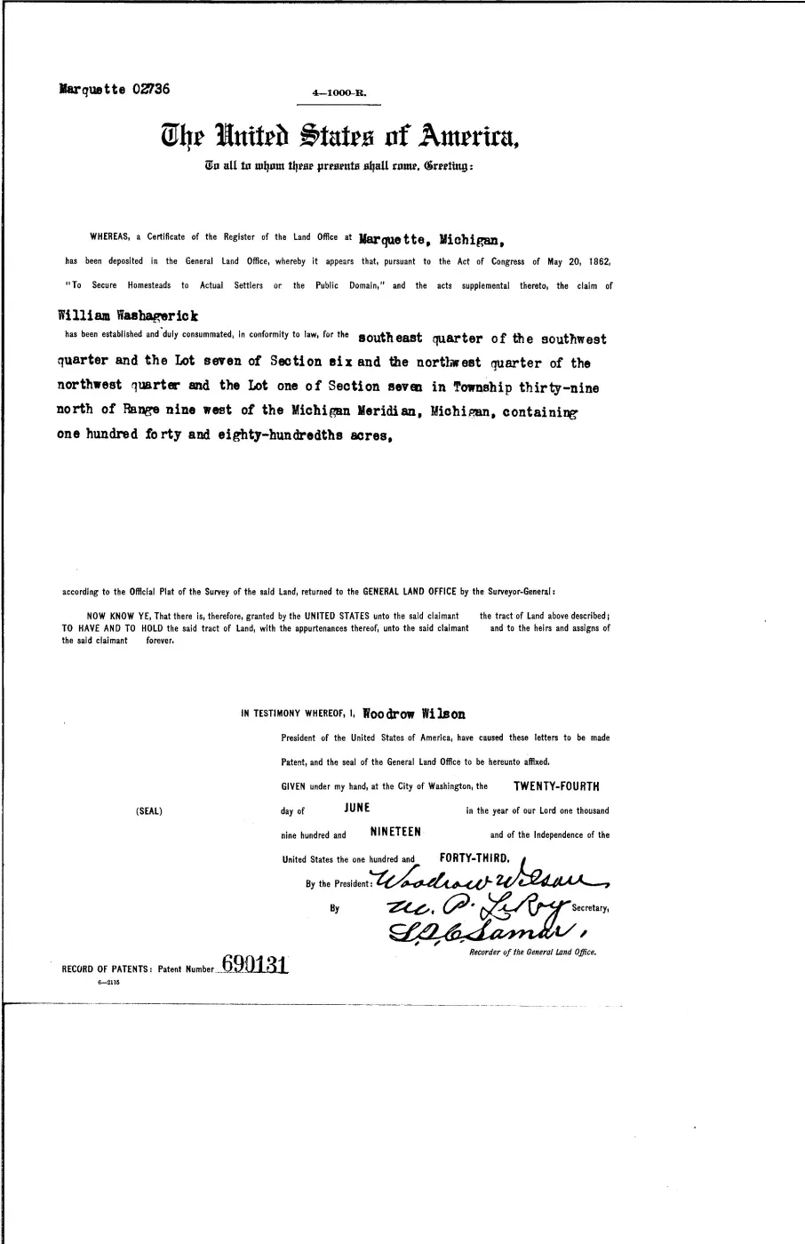 GLO land record 690131-39n-9w-7-nwnw — p. 1