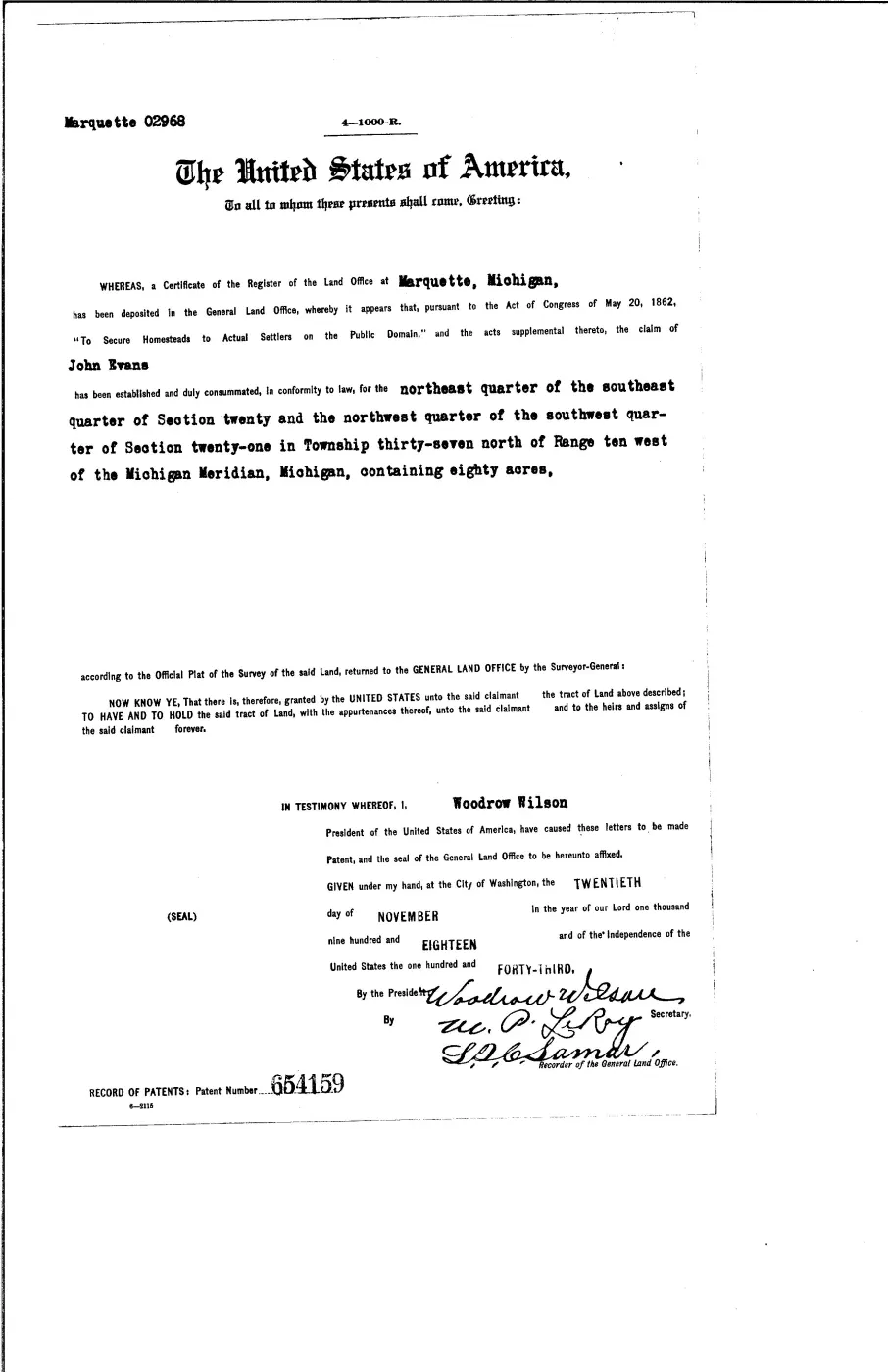 GLO land record 654159-37n-10w-21-nwsw — p. 1