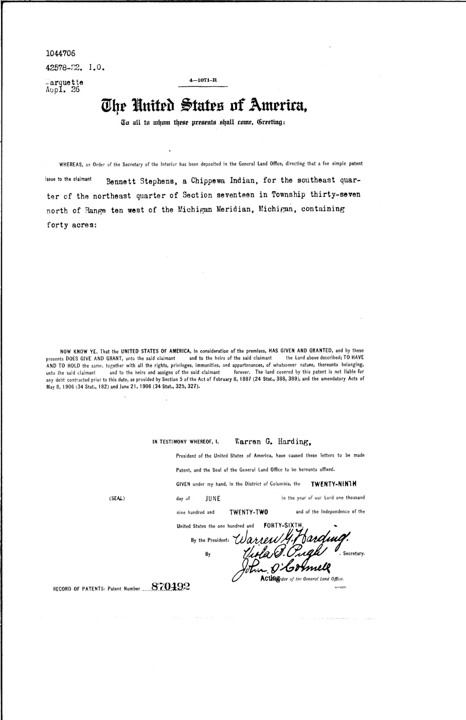 GLO land record 870492-37n-10w-17-sene — p. 1